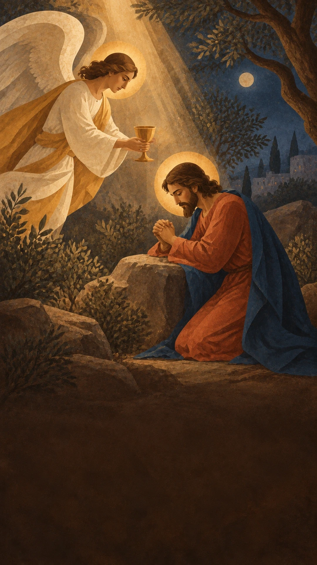 Jesus reza de joelhos no Horto das Oliveiras, à noite, e um anjo lhe mostra o cálice