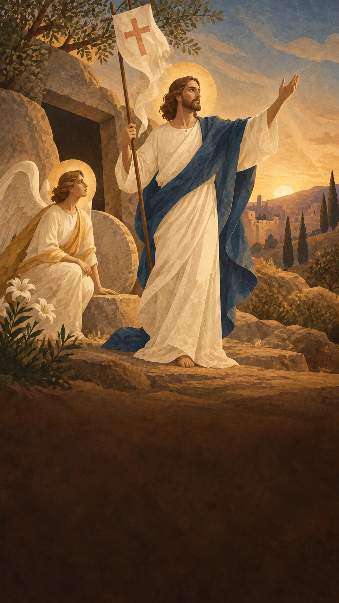 Jesus ressuscitado sai do sepulcro com o estandarte da vitória, ao lado de um anjo