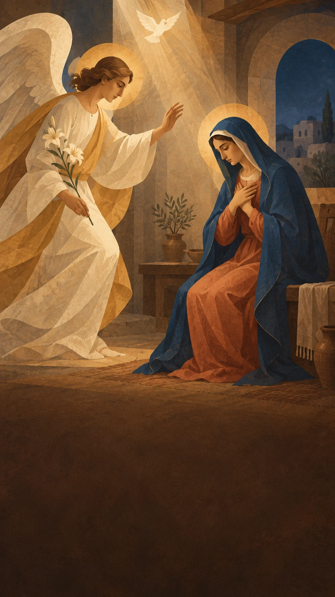 O anjo Gabriel saúda Maria, que leva a mão ao peito, sob a luz da pomba do Espírito Santo